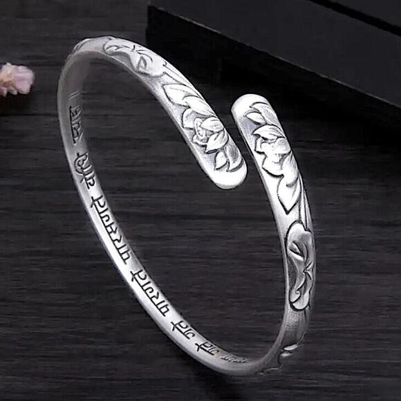 Sterling Silver Lotus Mantra Bangle Bracelet - Picture 2 of 9